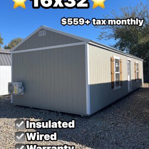 HUGE WINTER SALE❄️☃️ 16x32 Side Utility Includes: Electric Package, Insulation, (2) 3x5 Insulated Windows, full warranty, and colors of your choice. *Optional add ons: Mini Split (Heat/Air), 200 amp breaker box, frame outs, extra outlets, and extra windows! Our cash price is $15,888+ tax, or payments at $559+ tax a month!