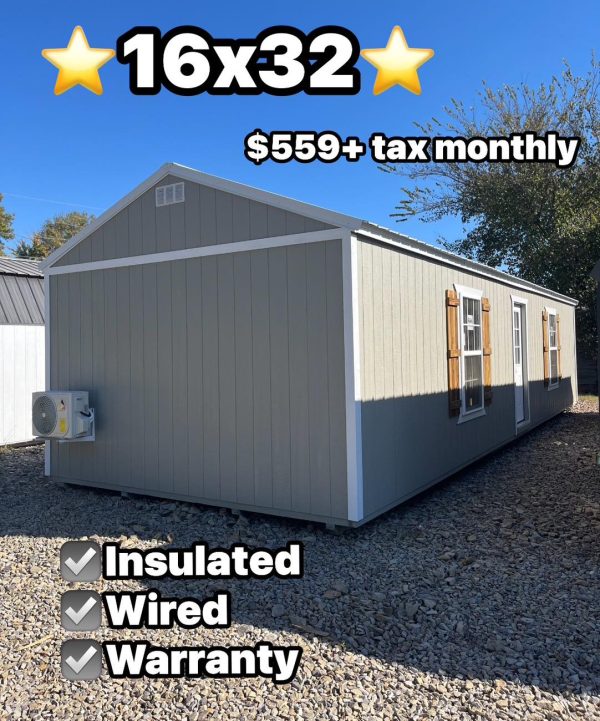 HUGE WINTER SALE❄️☃️ 16x32 Side Utility Includes: Electric Package, Insulation, (2) 3x5 Insulated Windows, full warranty, and colors of your choice. *Optional add ons: Mini Split (Heat/Air), 200 amp breaker box, frame outs, extra outlets, and extra windows! Our cash price is $15,888+ tax, or payments at $559+ tax a month!